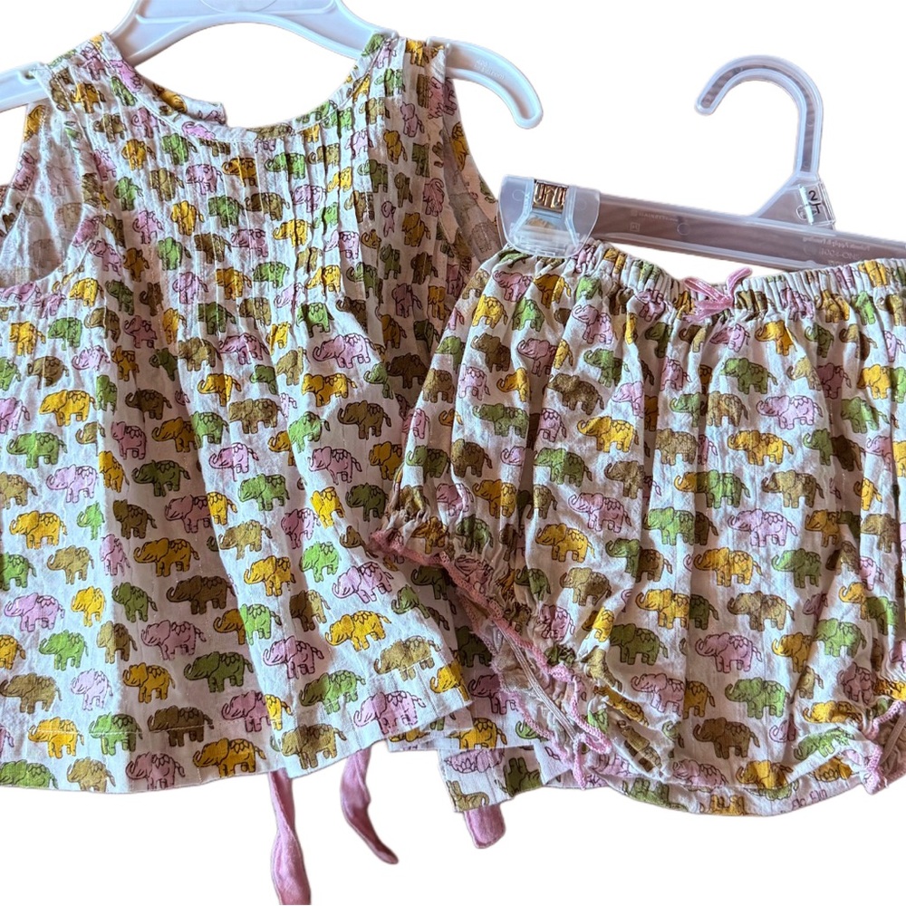 Pink Chicken elephant print set girls 3-6months, metallic thread